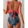 imageEomenie One Piece Swimsuit for Women Tummy Control Ruffle Bathing Suit V Neck Ruched Swim Suit Slimming Cutout SwimwearPink Print