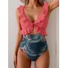 imageEomenie One Piece Swimsuit for Women Tummy Control Ruffle Bathing Suit V Neck Ruched Swim Suit Slimming Cutout SwimwearPink Print