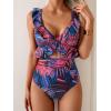 imageEomenie One Piece Swimsuit for Women Tummy Control Ruffle Bathing Suit V Neck Ruched Swim Suit Slimming Cutout SwimwearPurple Print