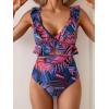 imageEomenie One Piece Swimsuit for Women Tummy Control Ruffle Bathing Suit V Neck Ruched Swim Suit Slimming Cutout SwimwearPurple Print