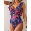imageEomenie One Piece Swimsuit for Women Tummy Control Ruffle Bathing Suit V Neck Ruched Swim Suit Slimming Cutout SwimwearPurple Print