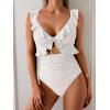 imageEomenie One Piece Swimsuit for Women Tummy Control Ruffle Bathing Suit V Neck Ruched Swim Suit Slimming Cutout SwimwearWhite