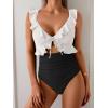 imageEomenie One Piece Swimsuit for Women Tummy Control Ruffle Bathing Suit V Neck Ruched Swim Suit Slimming Cutout SwimwearWhite black