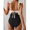 imageEomenie One Piece Swimsuit for Women Tummy Control Ruffle Bathing Suit V Neck Ruched Swim Suit Slimming Cutout SwimwearWhite black