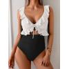 imageEomenie One Piece Swimsuit for Women Tummy Control Ruffle Bathing Suit V Neck Ruched Swim Suit Slimming Cutout SwimwearWhite black