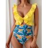 imageEomenie One Piece Swimsuit for Women Tummy Control Ruffle Bathing Suit V Neck Ruched Swim Suit Slimming Cutout SwimwearYellow Floral
