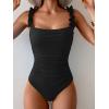 imageEomenie Womens One Piece Swimsuit 2025 Tummy Control Square Neck Bathing Suit Ruffle Straps Ribbed SwimwearBlack