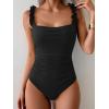 imageEomenie Womens One Piece Swimsuit 2025 Tummy Control Square Neck Bathing Suit Ruffle Straps Ribbed SwimwearBlack