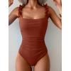imageEomenie Womens One Piece Swimsuit 2025 Tummy Control Square Neck Bathing Suit Ruffle Straps Ribbed SwimwearBrick Red