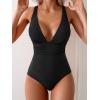 imageEomenie Womens One Piece Swimsuit Tummy Control Bathing Suit V Neck Slimming 1 Piece SwimwearBlack Ribbed
