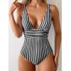 imageEomenie Womens One Piece Swimsuit Tummy Control Bathing Suit V Neck Slimming 1 Piece SwimwearBlack Stripe