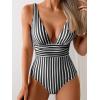 imageEomenie Womens One Piece Swimsuit Tummy Control Bathing Suit V Neck Slimming 1 Piece SwimwearBlack Stripe