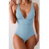 imageEomenie Womens One Piece Swimsuit Tummy Control Bathing Suit V Neck Slimming 1 Piece SwimwearBlue Ribbed