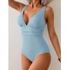 imageEomenie Womens One Piece Swimsuit Tummy Control Bathing Suit V Neck Slimming 1 Piece SwimwearBlue Ribbed