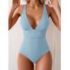 imageEomenie Womens One Piece Swimsuit Tummy Control Bathing Suit V Neck Slimming 1 Piece SwimwearBlue Ribbed