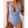 imageEomenie Womens One Piece Swimsuit Tummy Control Bathing Suit V Neck Slimming 1 Piece SwimwearBlue Stripe