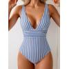 imageEomenie Womens One Piece Swimsuit Tummy Control Bathing Suit V Neck Slimming 1 Piece SwimwearBlue Stripe