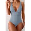 imageEomenie Womens One Piece Swimsuit Tummy Control Bathing Suit V Neck Slimming 1 Piece SwimwearGray Blue Ribbed