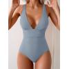 imageEomenie Womens One Piece Swimsuit Tummy Control Bathing Suit V Neck Slimming 1 Piece SwimwearGray Blue Ribbed