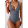 imageEomenie Womens One Piece Swimsuit Tummy Control Bathing Suit V Neck Slimming 1 Piece SwimwearGrey Ribbed