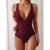 imageEomenie Womens One Piece Swimsuit Tummy Control Bathing Suit V Neck Slimming 1 Piece SwimwearWine Red Ribbed