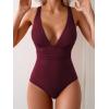 imageEomenie Womens One Piece Swimsuit Tummy Control Bathing Suit V Neck Slimming 1 Piece SwimwearWine Red Ribbed