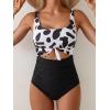 imageEomenie Womens One Piece Swimsuit Tummy Control Slimming Bathing Suit Cutout Tie Knot SwimwearCow Print Block