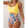 imageEomenie Womens One Piece Swimsuit Tummy Control Slimming Bathing Suit Cutout Tie Knot SwimwearYellow Flower Block