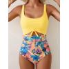 imageEomenie Womens One Piece Swimsuit Tummy Control Slimming Bathing Suit Cutout Tie Knot SwimwearYellow Flower Block