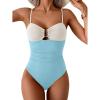 imageEomenie One Piece Swimsuit for Women Tummy Control Ruched Bathing Suit Cutout U Wire Swim SuitsWhite Blue