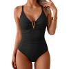 imageEomenie One Piece Swimsuit for Women Tummy Control Ruched Bathing Suit V Wire Neck Slimming Swim SuitsBlack Ribbed