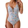 imageEomenie One Piece Swimsuit for Women Tummy Control Ruched Bathing Suit V Wire Neck Slimming Swim SuitsOrange Blue Floral