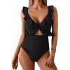 imageEomenie One Piece Swimsuit for Women Tummy Control Ruffle Bathing Suit V Neck Ruched Swim Suit Slimming Cutout SwimwearBlack