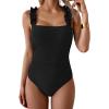 imageEomenie Womens One Piece Swimsuit 2025 Tummy Control Square Neck Bathing Suit Ruffle Straps Ribbed SwimwearAblack