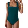 imageEomenie Womens One Piece Swimsuit 2025 Tummy Control Square Neck Bathing Suit Ruffle Straps Ribbed SwimwearApeacock Green