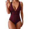 imageEomenie Womens One Piece Swimsuit Tummy Control Bathing Suit V Neck Slimming 1 Piece SwimwearWine Red Ribbed