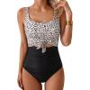 imageEomenie Womens One Piece Swimsuit Tummy Control Slimming Bathing Suit Cutout Tie Knot SwimwearBlack Leopard Block