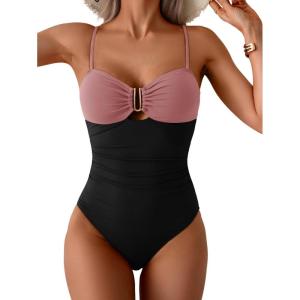 imageEomenie One Piece Swimsuit for Women Tummy Control Ruched Bathing Suit Cutout U Wire Swim SuitsBean Pink Black