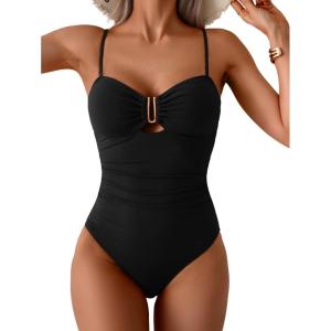 imageEomenie One Piece Swimsuit for Women Tummy Control Ruched Bathing Suit Cutout U Wire Swim SuitsBlack