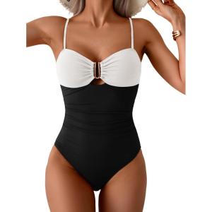 imageEomenie One Piece Swimsuit for Women Tummy Control Ruched Bathing Suit Cutout U Wire Swim SuitsBlack White Block
