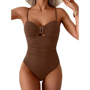 imageEomenie One Piece Swimsuit for Women Tummy Control Ruched Bathing Suit Cutout U Wire Swim SuitsBrown