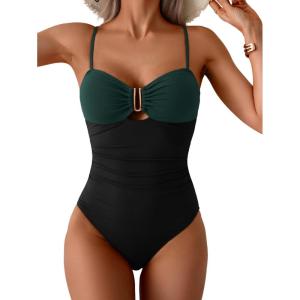 imageEomenie One Piece Swimsuit for Women Tummy Control Ruched Bathing Suit Cutout U Wire Swim SuitsDark Green Black
