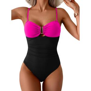 imageEomenie One Piece Swimsuit for Women Tummy Control Ruched Bathing Suit Cutout U Wire Swim SuitsHot Pink Black