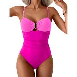 imageEomenie One Piece Swimsuit for Women Tummy Control Ruched Bathing Suit Cutout U Wire Swim SuitsPink Block