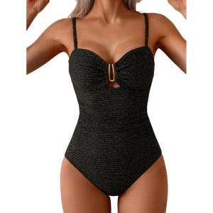 imageEomenie One Piece Swimsuit for Women Tummy Control Ruched Bathing Suit Cutout U Wire Swim SuitsRibbed  Black