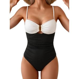 imageEomenie One Piece Swimsuit for Women Tummy Control Ruched Bathing Suit Cutout U Wire Swim SuitsRibbed  Black White