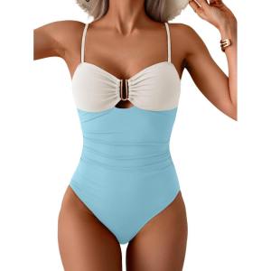 imageEomenie One Piece Swimsuit for Women Tummy Control Ruched Bathing Suit Cutout U Wire Swim SuitsWhite Blue