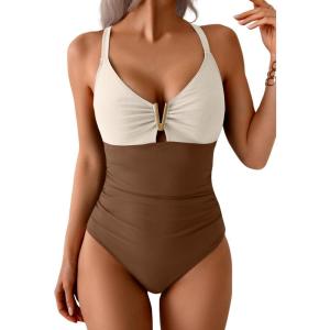 imageEomenie One Piece Swimsuit for Women Tummy Control Ruched Bathing Suit V Wire Neck Slimming Swim SuitsBeige Brown Block