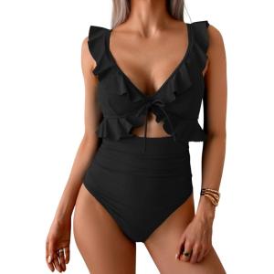 imageEomenie One Piece Swimsuit for Women Tummy Control Ruffle Bathing Suit V Neck Ruched Swim Suit Slimming Cutout SwimwearBlack