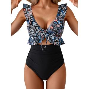 imageEomenie One Piece Swimsuit for Women Tummy Control Ruffle Bathing Suit V Neck Ruched Swim Suit Slimming Cutout SwimwearBlack Blue Floral